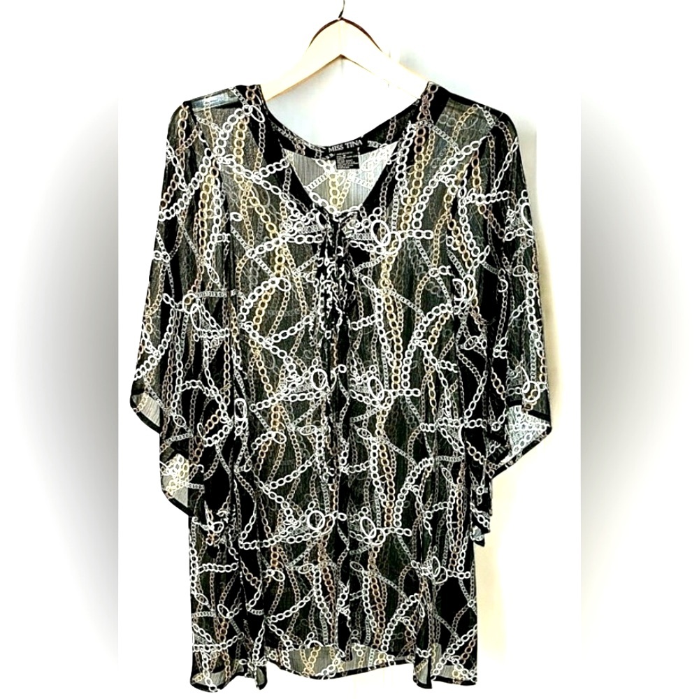 Miss Tina 1X Chic, Sheer Chain Print Tunic Top NWT Black White Tan Oversized.👙🏖️
